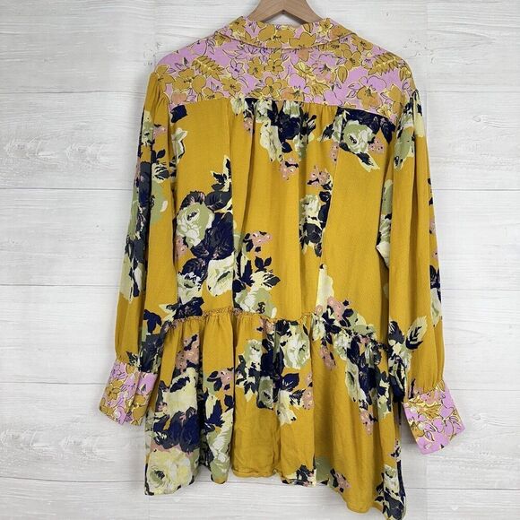 Free People Top Size S Brunch A Bunch Floral Tunic Blouse Yellow Oversized - Picture 6 of 14